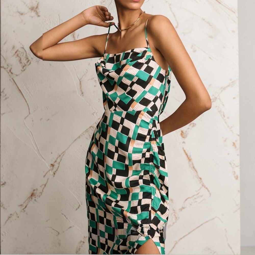 By Anthropologie Geometric Slip Midi Dress Green Black Size 6 Modern Chic Resort